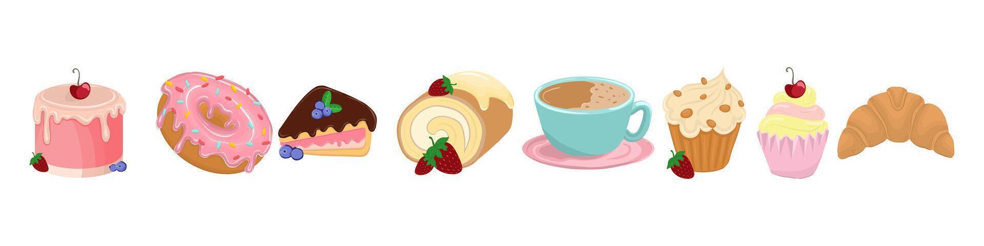 A set of icons featuring various sweet treats such as cakes, cupcakes, and sweet rolls perfect for food-related designs and projects. illustration vector