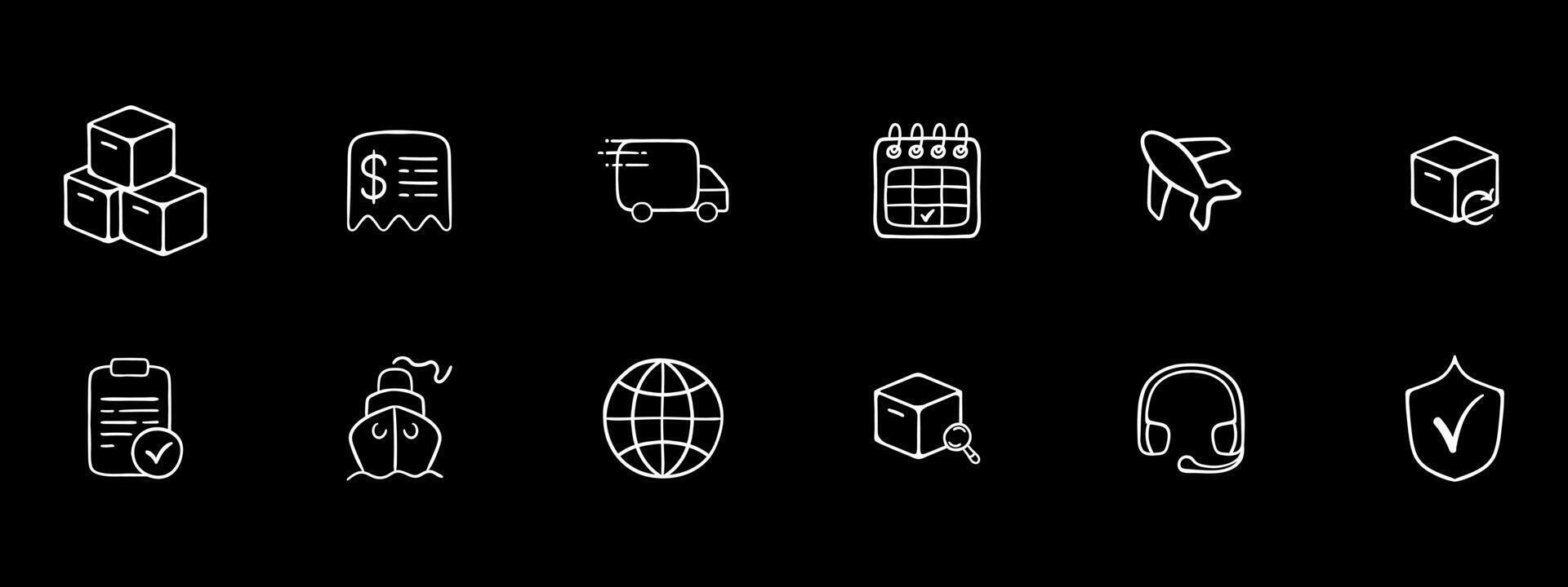 Set of international delivery icons. Parcel, package, globe, transportation, shipping. Logistics concept. Black color background. 12 line icon vector