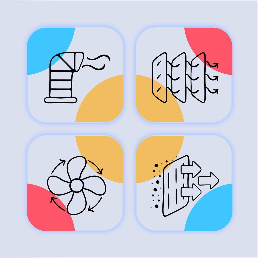 Set of ventilation icons. Airflow, fan, ventilation system, air conditioning, exhaust, intake, cooling, HVAC. Technology concept. Neomorphism style. line icon for Business vector