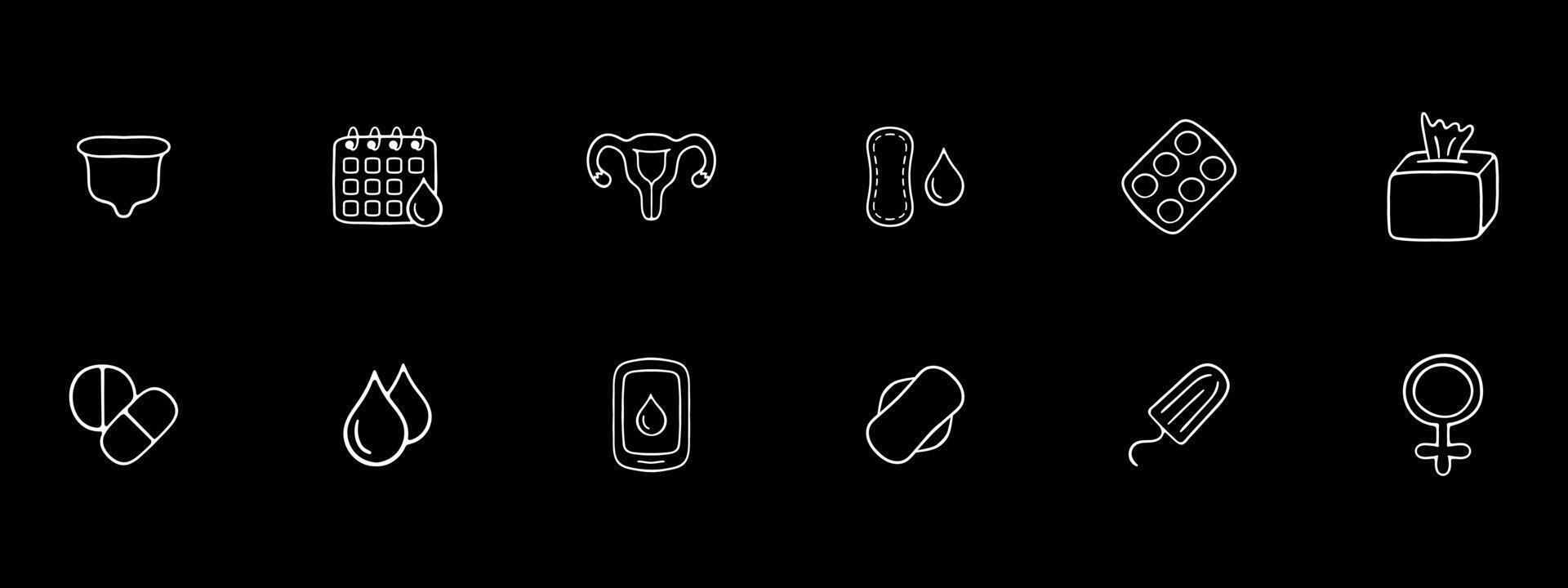 Menstruation icon set. Period products, menstrual cycle, cramps, pads, tampons, menstrual cup. Pain relief concept. Black color background. 12 line icon vector