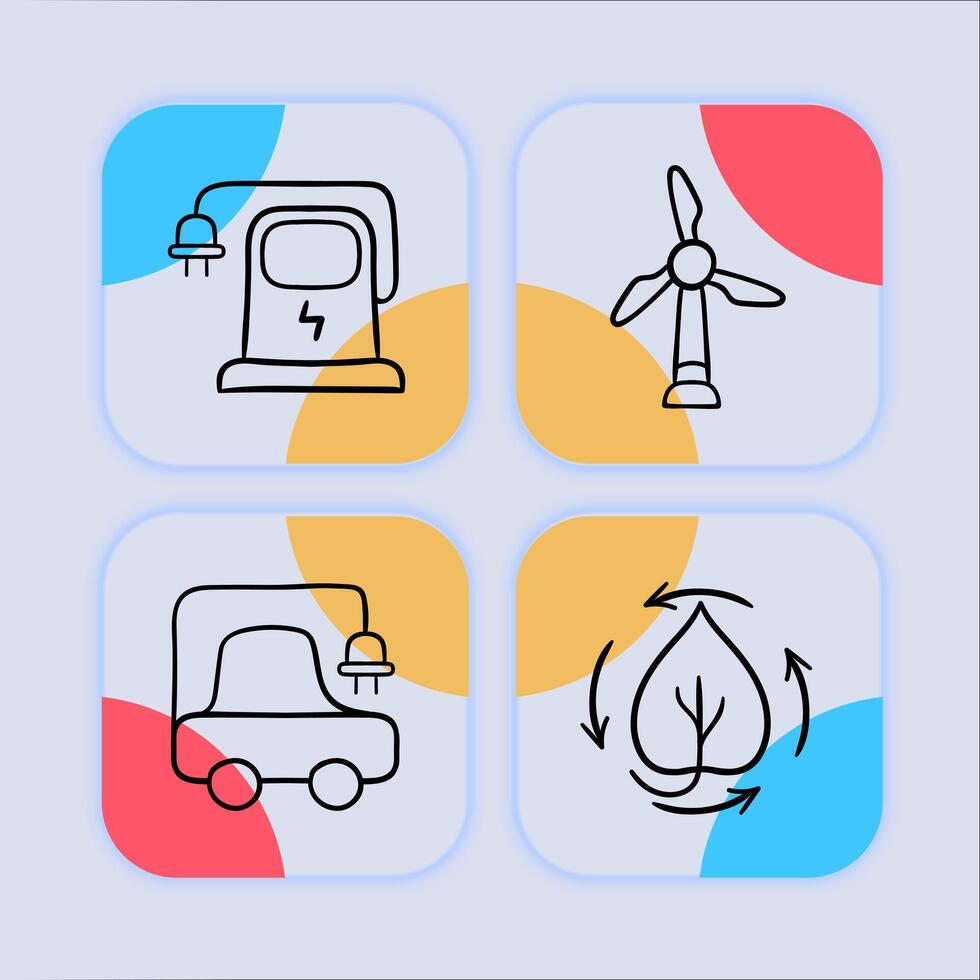 Set of icons representing renewable energy. Eco-friendly, sustainable, clean. Green concept. Neomorphism style. line icon for Business vector