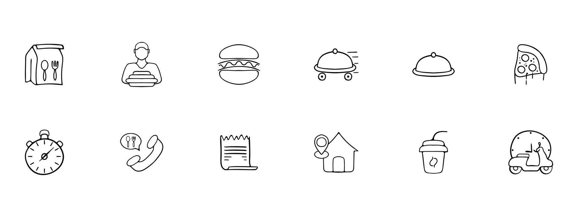 Food delivery icon set. Delivery person, food package, restaurant, online ordering. Fast delivery concept. line icon for Business vector