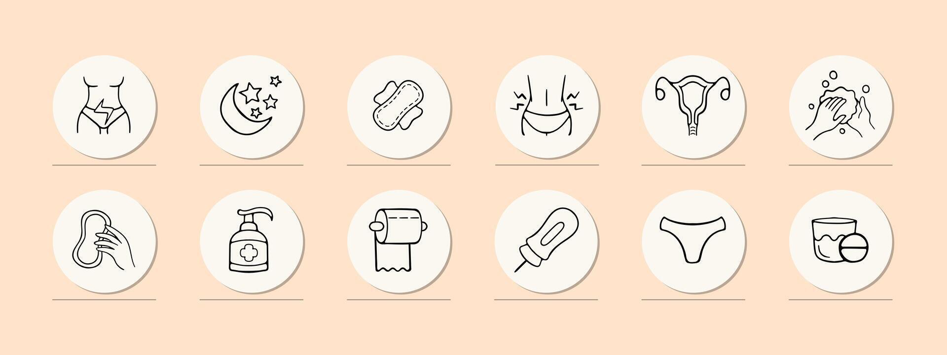 Menstruation icon set. Period products, menstrual cycle, pad, tampon, menstrual cup. Period pain concept. Pastel color background. line icon for Business vector