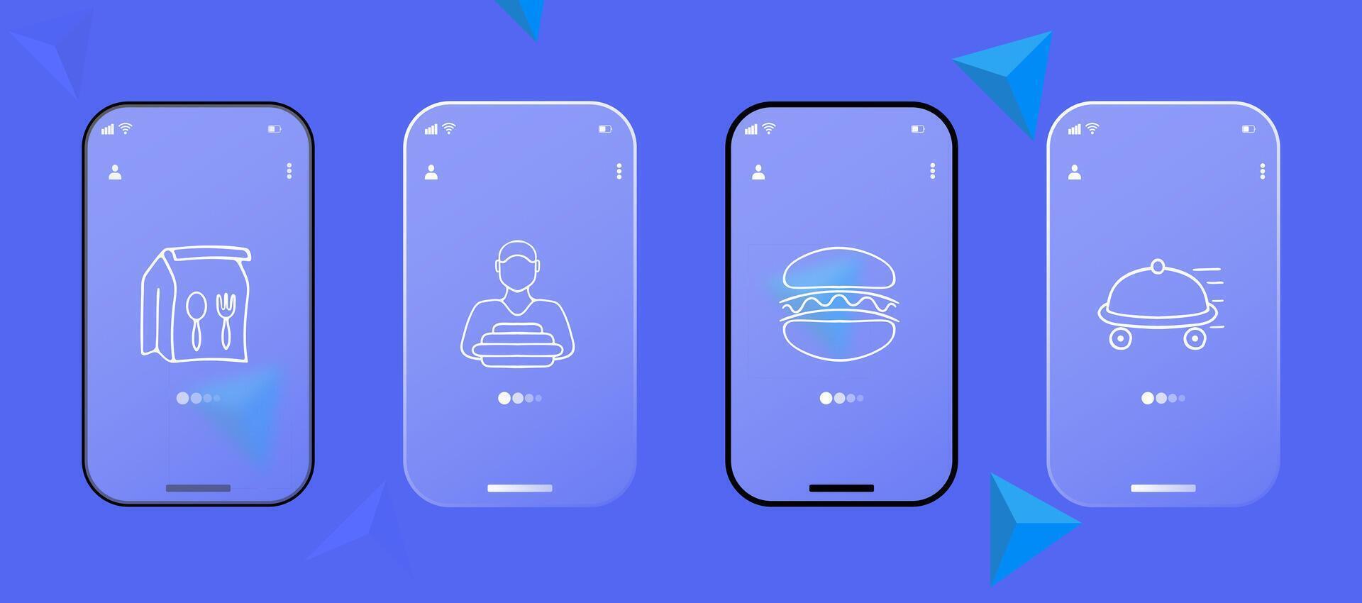 Food delivery icon set. Delivery bag, restaurant, fast food, mobile app, online ordering, tracking. Courier concept. Glassmorphism. UI phone app screen. line icon for Business vector