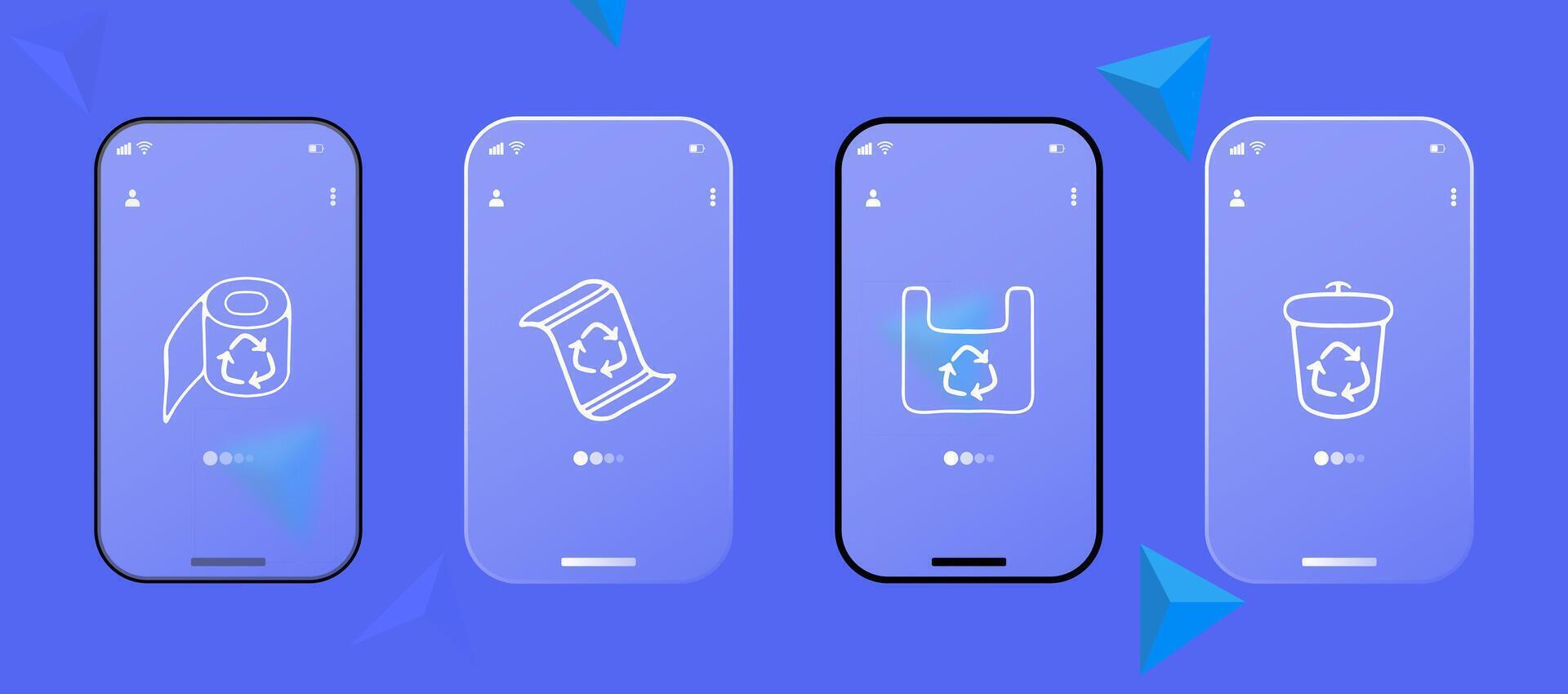 Set of recycling icons. Waste management symbols, eco-friendly concepts, recycling bins, reduce, reuse. Recycle concept. Glassmorphism. UI phone app screen. line icon for Business vector
