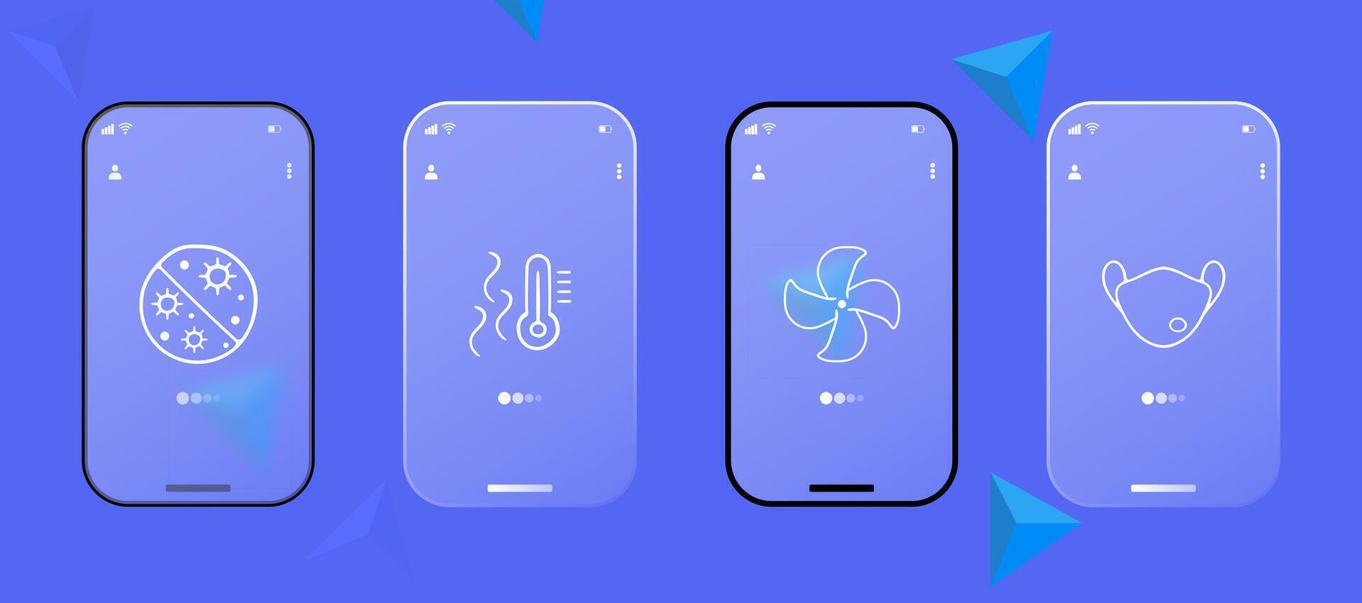 COVID virus protection icon set. Mask, hand sanitizer, social distancing, vaccine, medical shield. Vaccination concept. Glassmorphism. UI phone app screen. line icon for Business vector