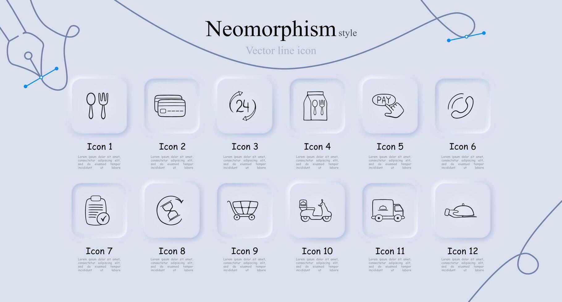 Food delivery icon set. Delivery bag, restaurant, fast food, mobile app, online ordering, tracking. Courier concept. Neomorphism style. line icon for Business vector