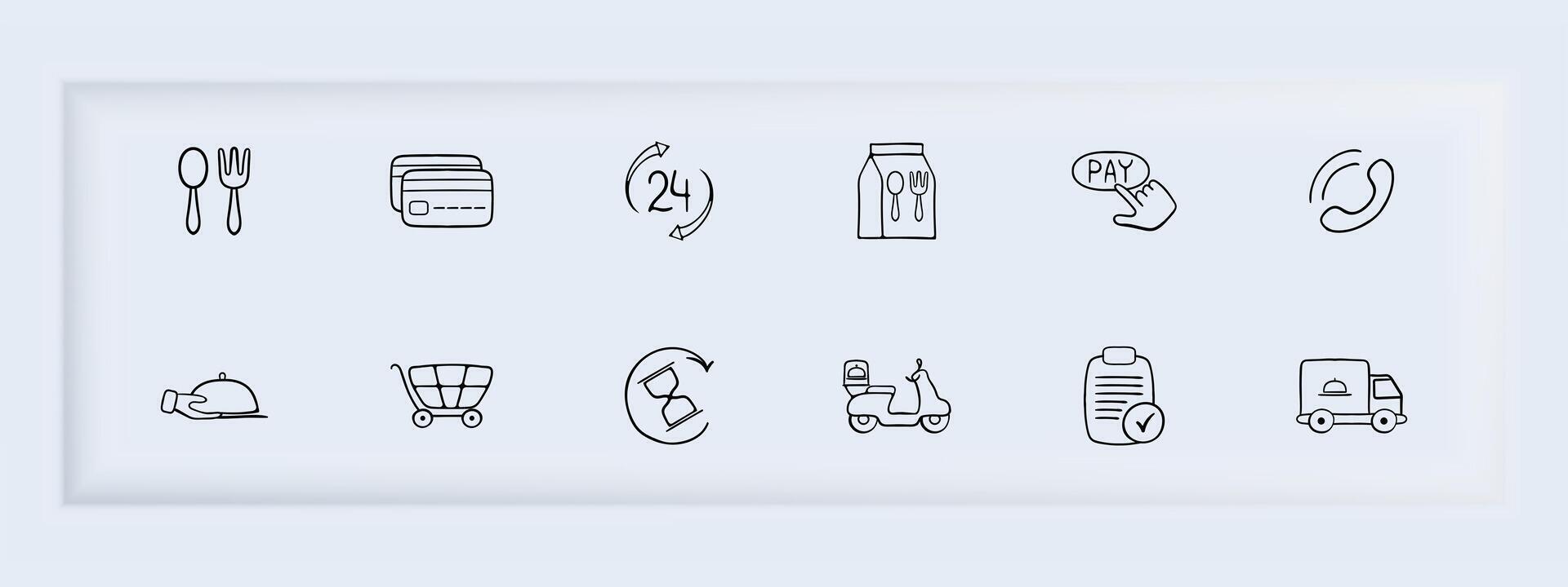 Food delivery icon set. Delivery person, food package, restaurant, online ordering, fast delivery. Contactless delivery concept. line icon for Business vector