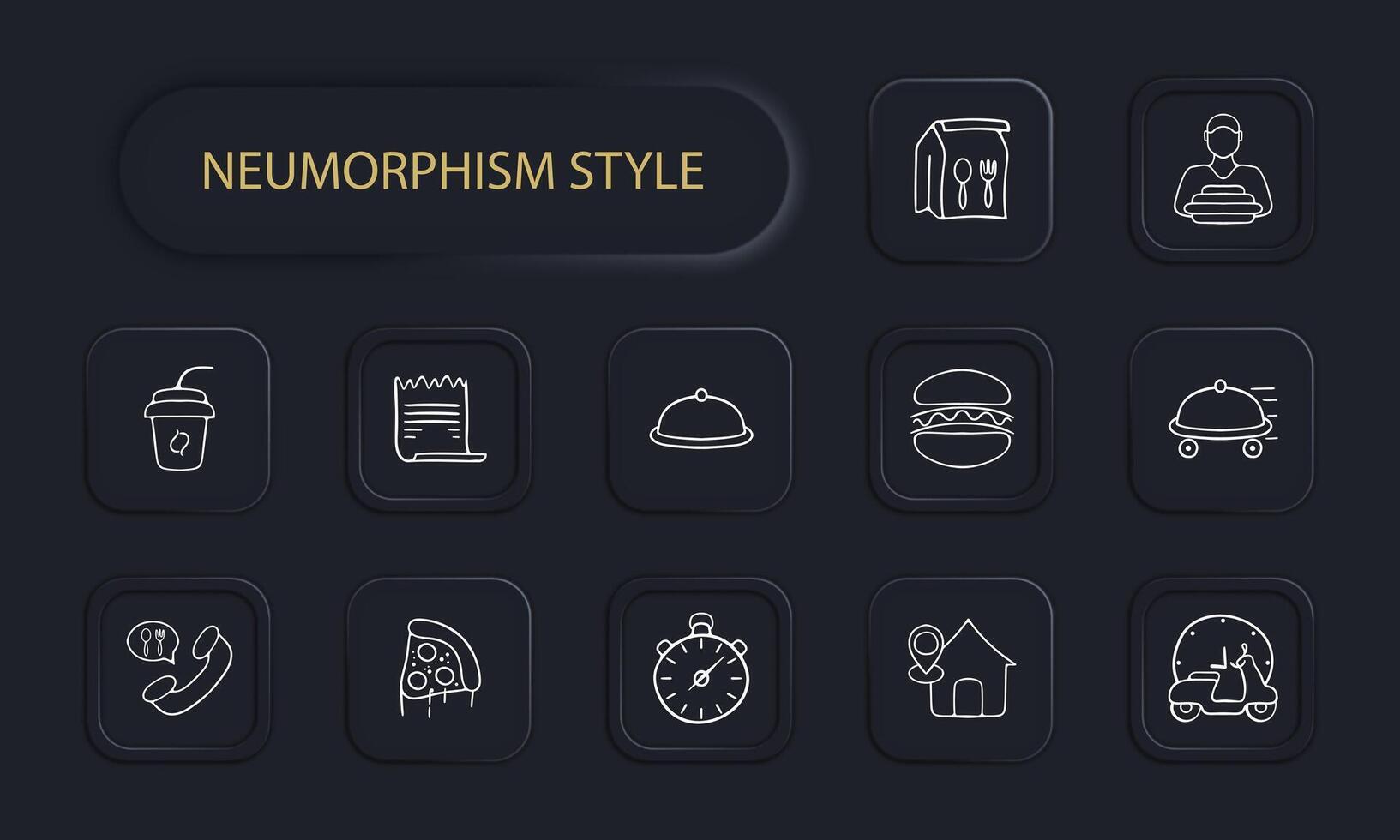 Food delivery icon set. Delivery person, food package, restaurant, online ordering, fast delivery. Contactless delivery concept. Neomorphism style. line icon for Business vector