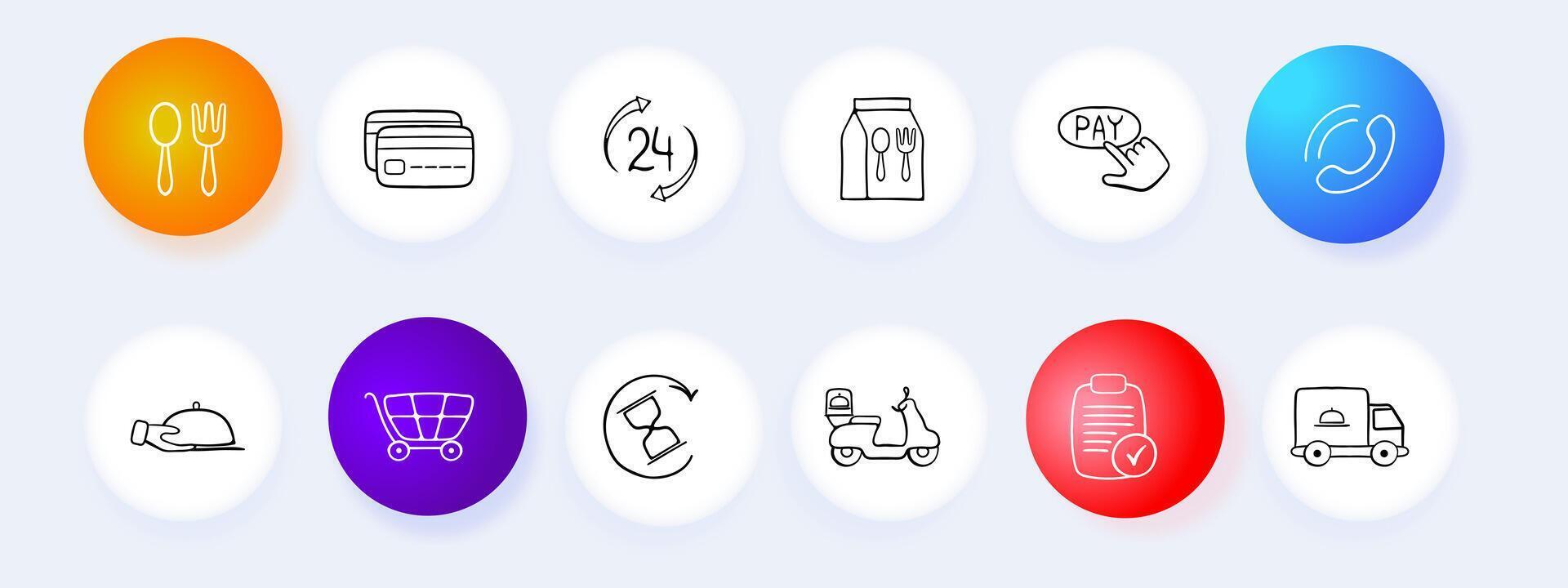 Food delivery icon set. Delivery person, food package, restaurant, online ordering, fast delivery. Contactless delivery concept. line icon for Business vector