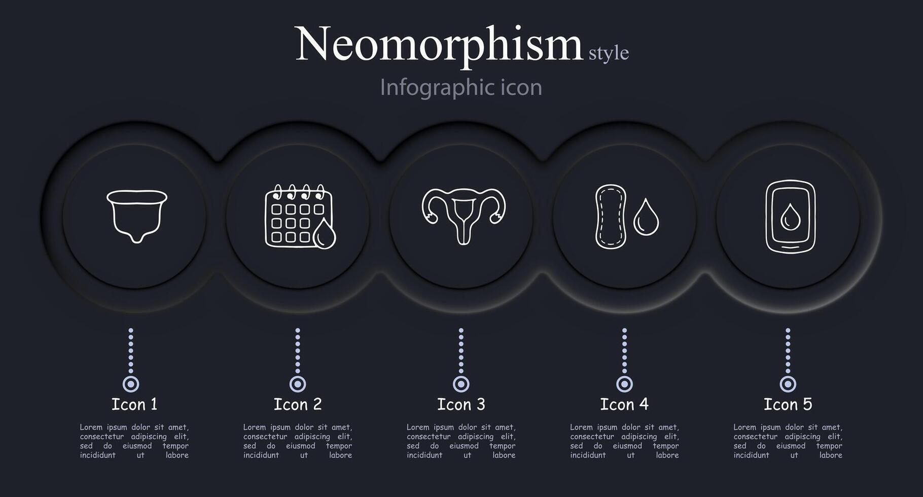 Menstruation icon set. Period products, menstrual cycle, cramps, pads, tampons, menstrual cup. Pain relief concept. Neomorphism style. line icon for Business vector