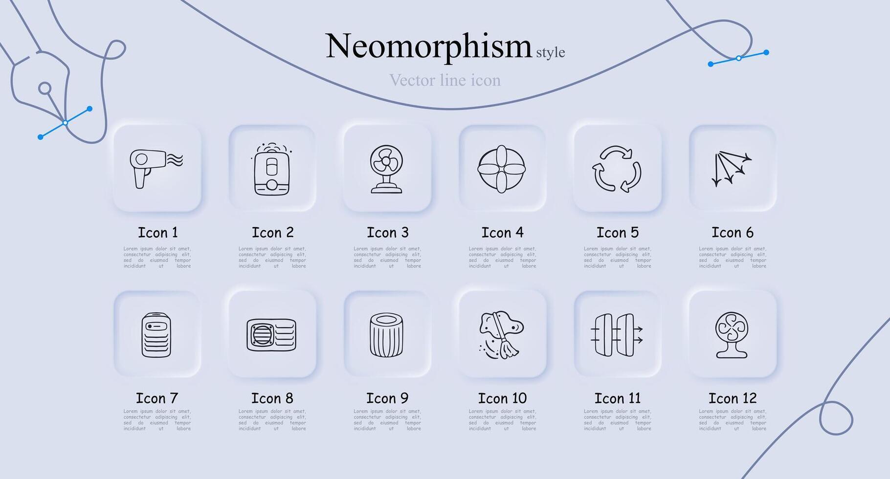 Cool Breeze Icon Set. Refreshing symbols for hot weather, summer heat relief. Air conditioning concept. Neomorphism style. line icon for Business vector