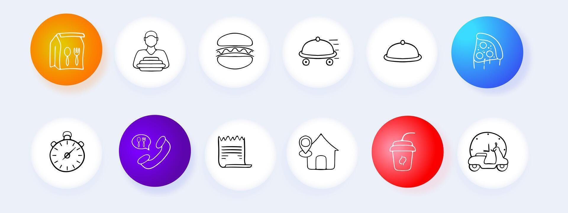 Food delivery icon set. Delivery person, food package, restaurant, online ordering. Fast delivery concept. line icon for Business vector