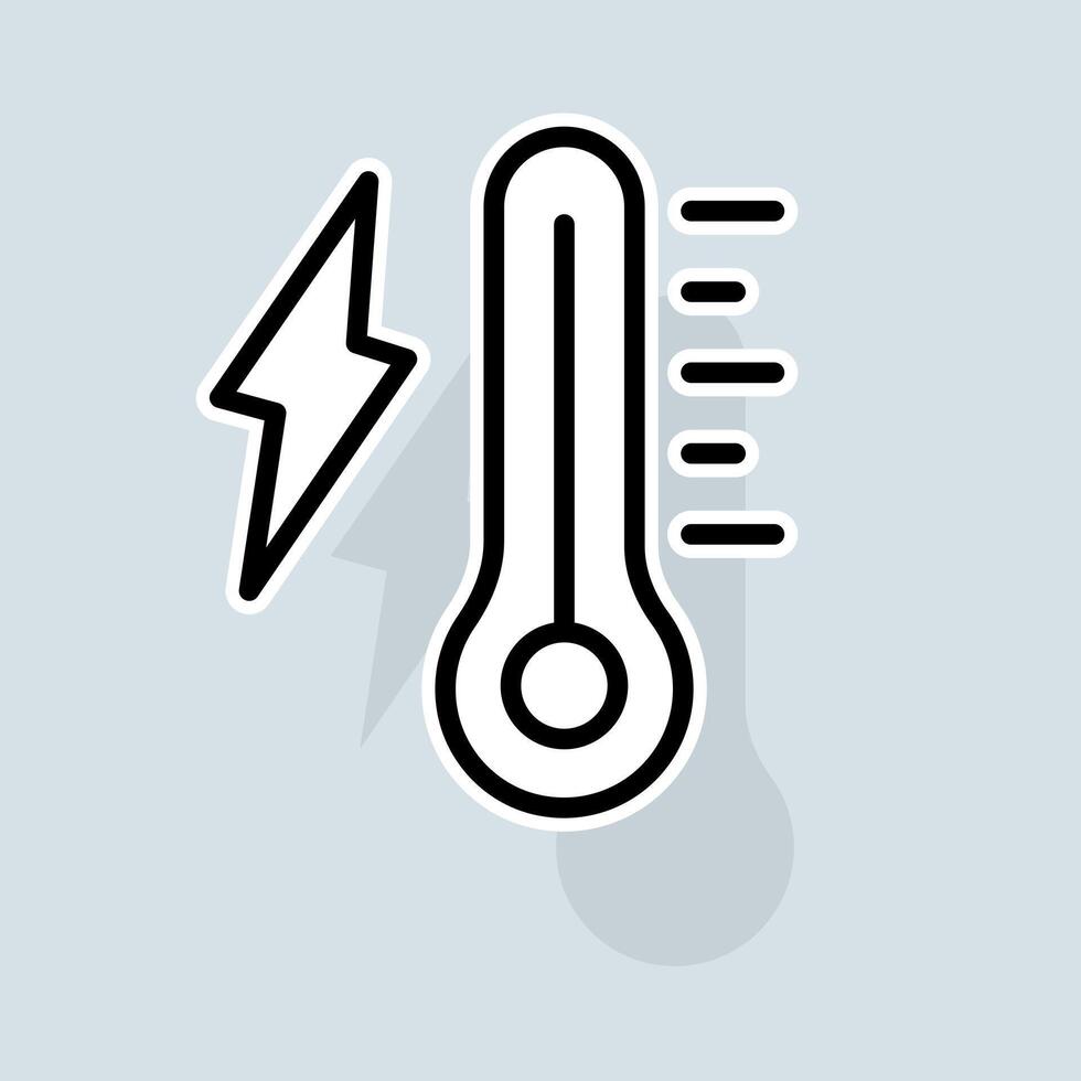 Thermometer with lightning line icon. Home, celsius, low high temperature, thermostat, fahrenheit, degrees Celsius. Weather concept. sticker line icon on white background vector