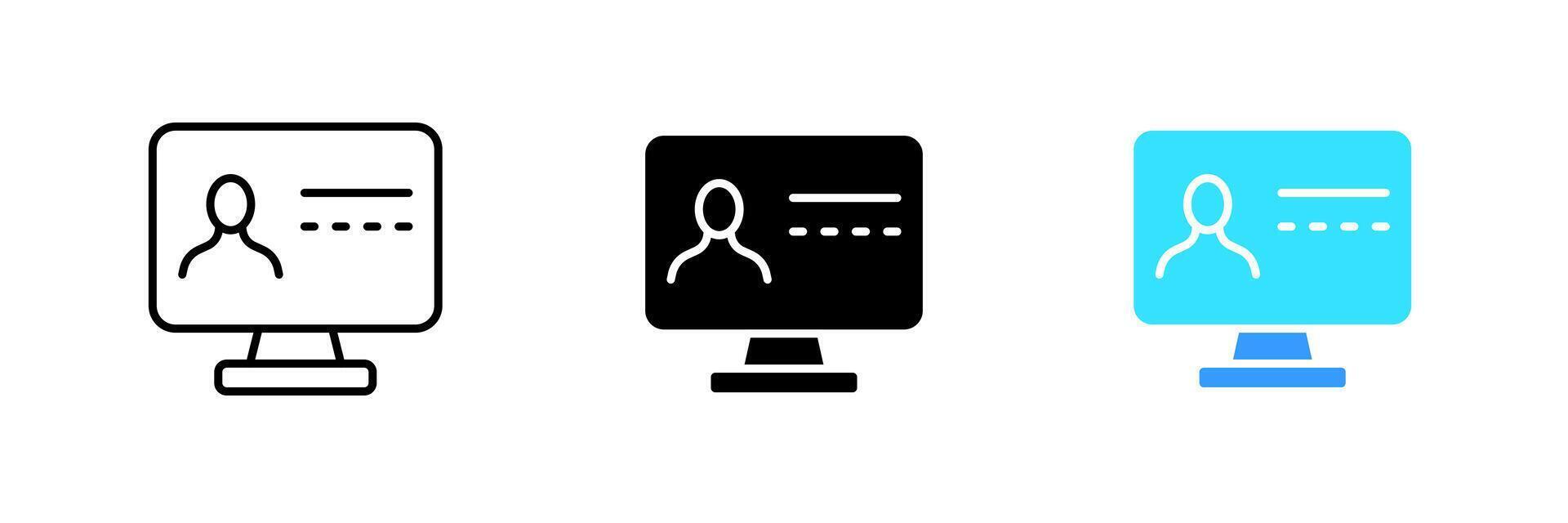 Computer with personal data. Questionnaire, resume, dossier, job application, account, website, form. set icon in line, black and colorful styles isolated on white background vector