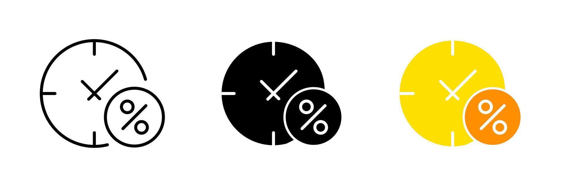 Clock with percent sign. Discount time, sale, shopping, sticker, sell, buy, order, customer, purchase. set icon in line, black and colorful styles isolated on white background vector
