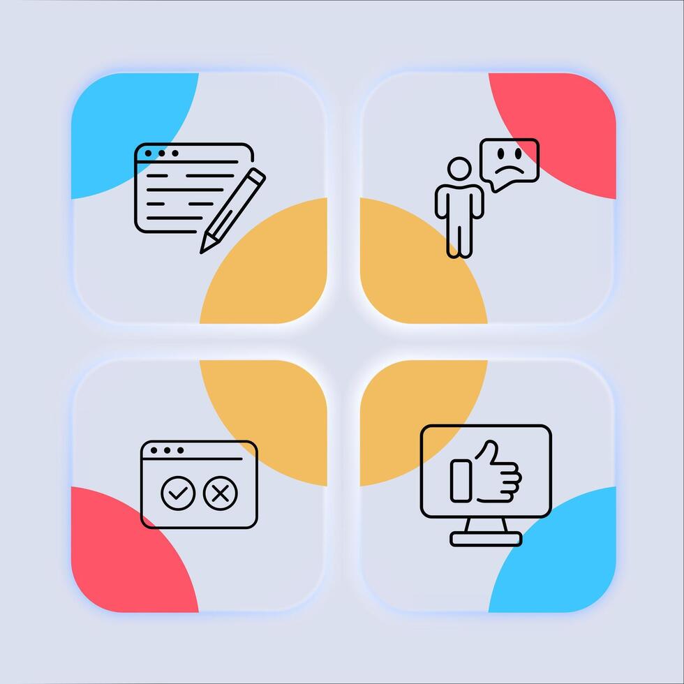 Feedback icon set. Opinion, response, book, comment, summary, complaint, good, bad, reaction, positive, negative, suggestion. Feedback concept. Neomorphism style. line icon for business vector