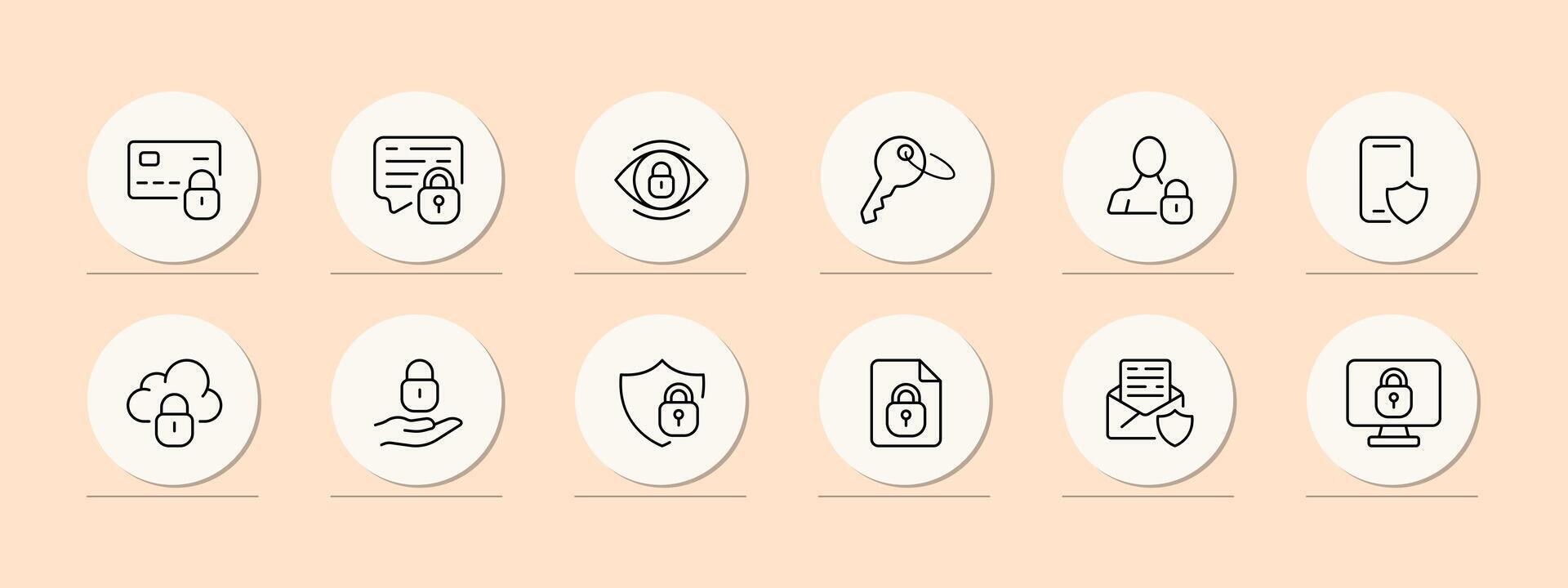 Lock icon set. Banking protection, mail protection, personal data protection, cloud data protection, key, shield, monitor. Security concept. Pastel color background. line icon for business vector