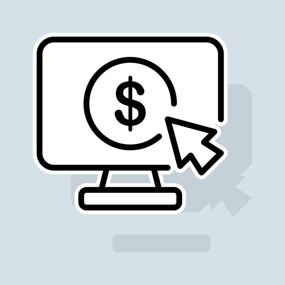 Monitor with a dollar. Technology, IT sphere, hardware store, installment TV, computer components. Gadget concept. sticker line icon on white background vector