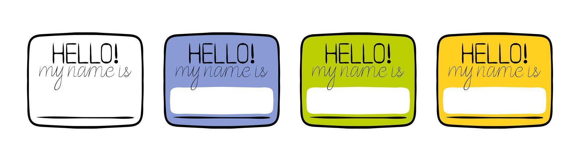 Set of badge with inscription line icon. Hello my name, school, seller, inscription, duty officer, position, manager, staff. icon for business and advertising vector