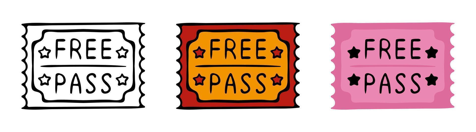 Set of free pass coupon line icon. Discount, lottery, ticket, voucher, promotion, card, theater, purchase, sample. icon for business and advertising vector