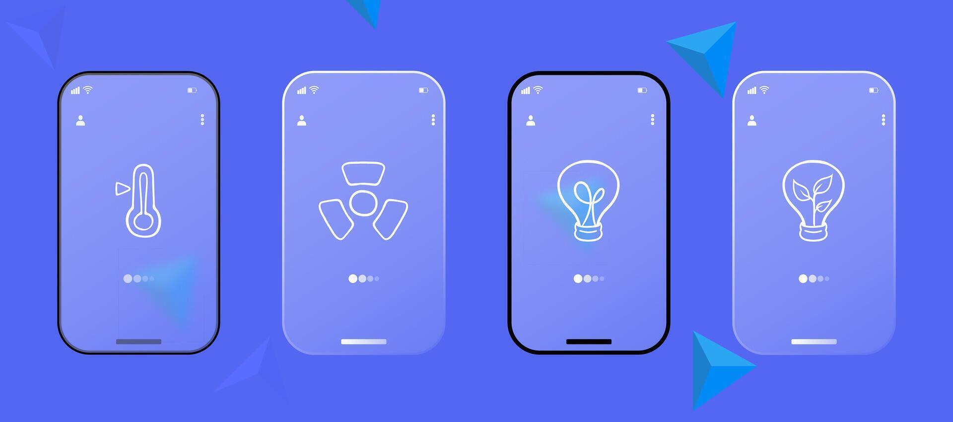 Green Energy Icon. Radioactive threat sign, thermometer, light bulb, sprout. Glassmorphism style. Ui phone app vector