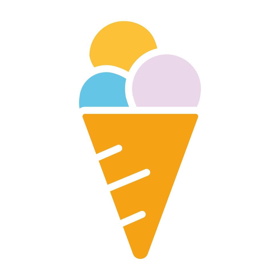 Ice cream in a waffle cone. Dairy, dessert, sweet, vanilla, fast food, takeaway, street, delicious, cold, gelato, milk, fruity, topping, tasty, yummy. Colorful icon on white background vector