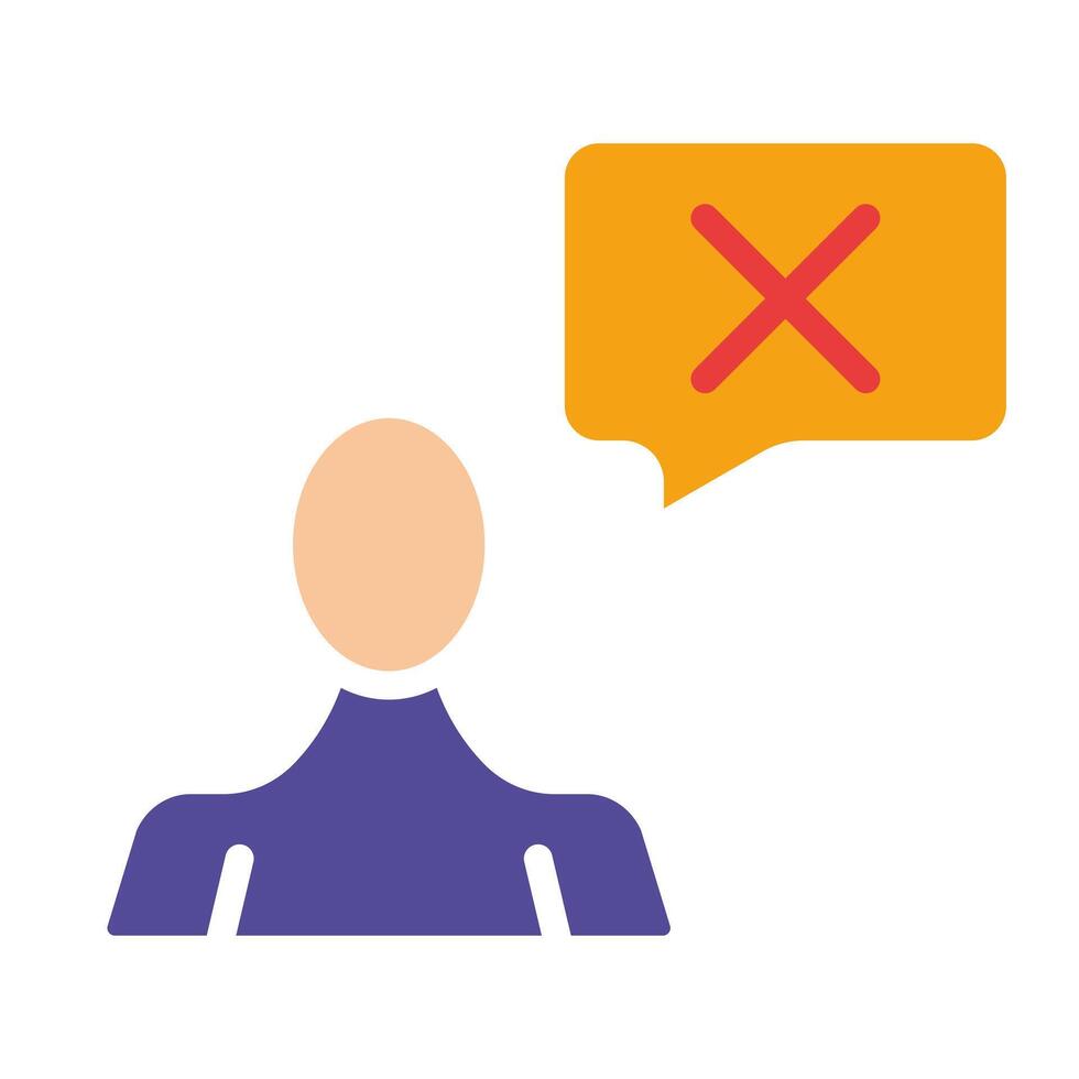 Man with a cross in speech bubble. Deny, prohibit, block, disagree, message, business communication, conversation, email, correspondence, ban. Colorful icon on white background vector