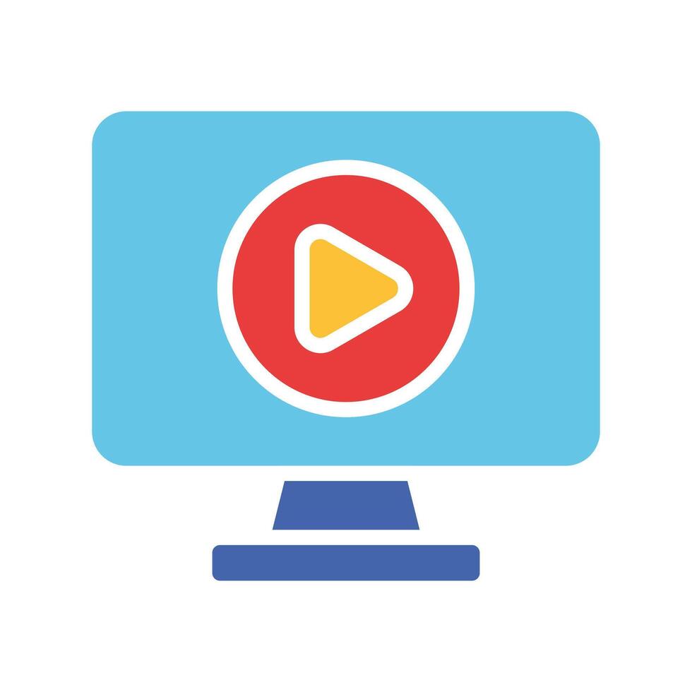 Computer monitor with play button. hosting, streaming service, film, cinema, watch, media, hobby, pastime, window, player, control, pause. Colorful icon on white background vector