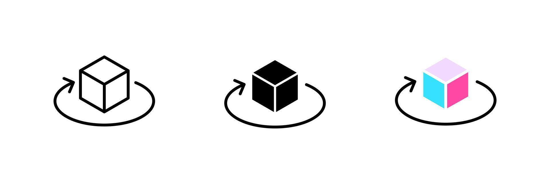 Three dimensional cube with circular arrow. Metaverse, modern technologies, cyberspace, computer hologram, virtual reality. set icon in line, black and colorful styles on white background vector