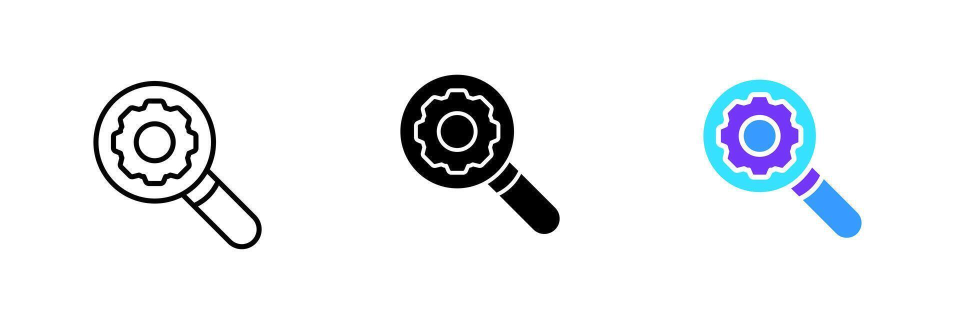 Magnifier with gear. Magnifying glass, settings, research, engineering, architecture, adjust, construction. set icon in line, black and colorful styles isolated on white background vector
