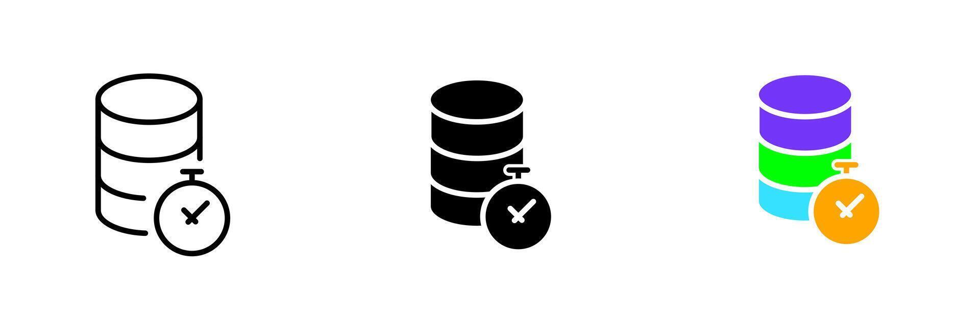 Database with a stopwatch. Timer, clock, data storage, time to pay taxes, information, infographics. set icon in line, black and colorful styles isolated on white background vector