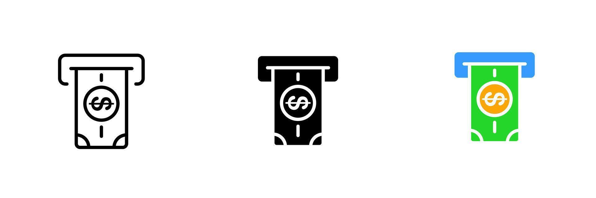 Cash advance. ATM, dollar, cent, financial management, money, bank, banking, business, expences, spending. set icon in line, black and colorful styles isolated on white background vector