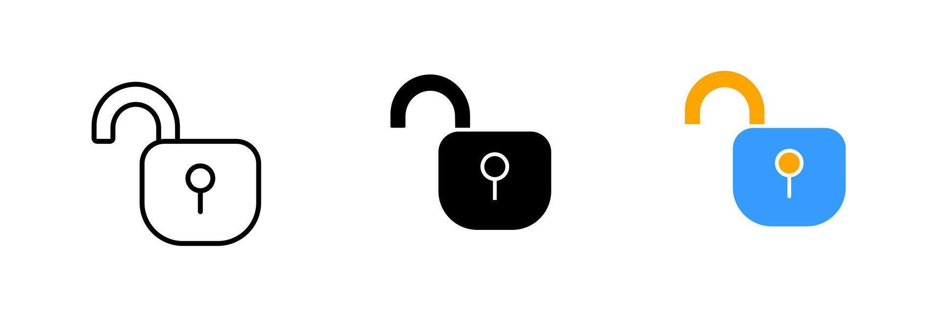 Open lock. Privacy, personal data protection, private information, restricted access, identity verification. set icon in line, black and colorful styles isolated on white background vector