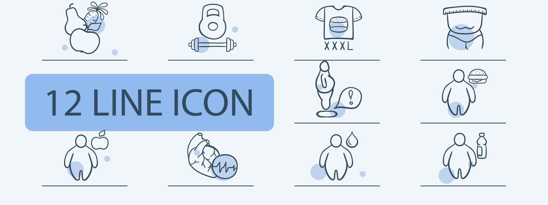 Set of icons representing weight loss and fitness journey. Healthy, active, weight loss, fitness. Pastel color background. 12 line icon vector
