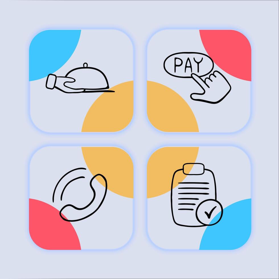 Collection of food delivery icons representing the convenient and fast delivery of meals and food items. Pastel color background. line icon vector