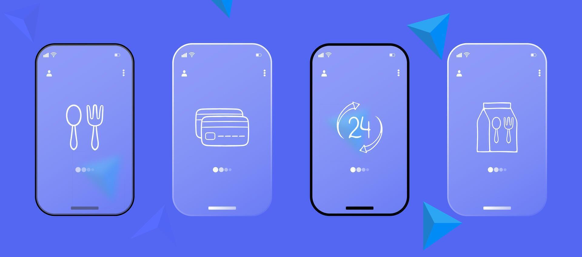 Set of icons representing fast food delivery. Quick, convenient, food delivery, icons, set, restaurant. Glassmorphism style. Ui phone app vector