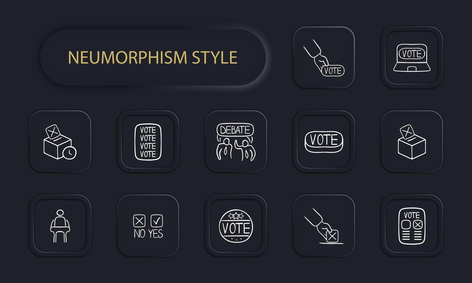 Set of voting icons representing the democratic process and participation in elections. Neomorphism style. line icon vector