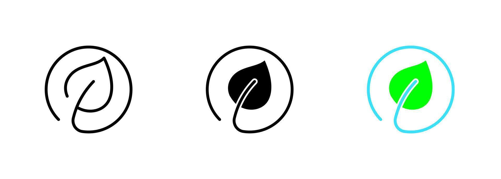 Three green leaves, arranged in a symmetrical pattern, with visible veins and jagged edges. set of icons in line, black and colorful styles isolated. vector