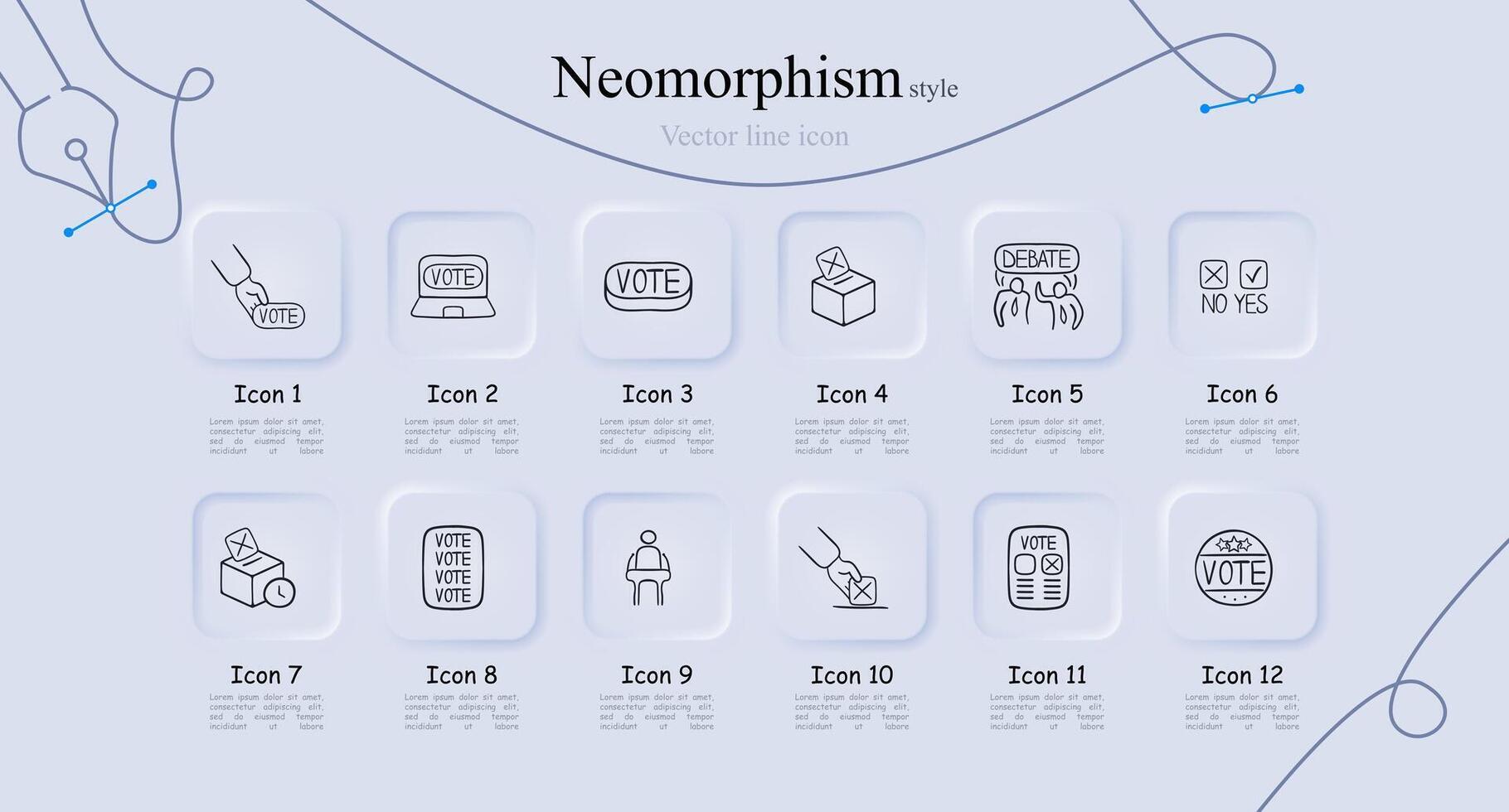 Set of voting icons representing the democratic process and participation in elections. Neomorphism style. line icon vector