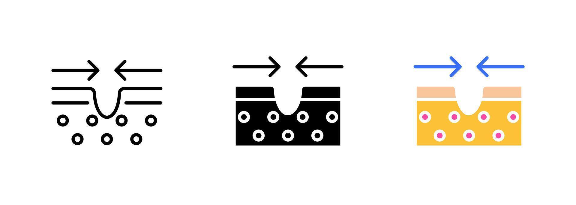Skin hydration refers to the process of moisturizing and replenishing the skin's natural moisture levels. set of icons in line, black and colorful styles isolated. vector