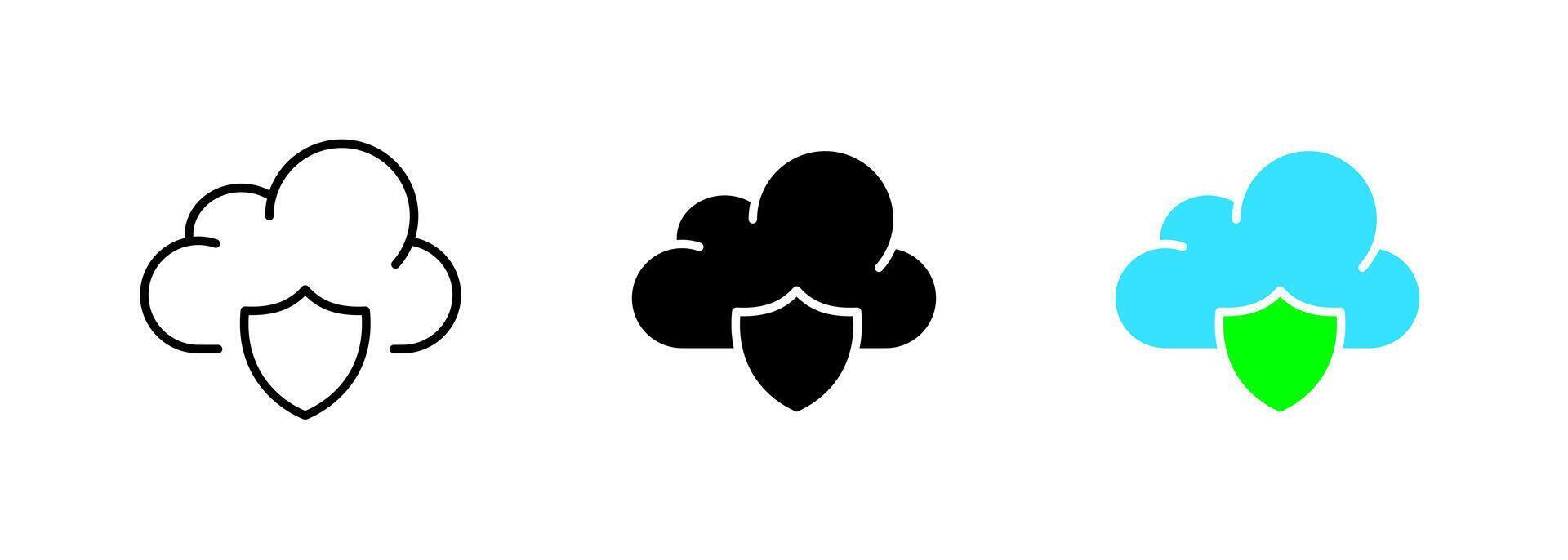 An icon of a cloud with a checkmark, representing completion or success in a cloud computing or data storage context. set of icons in line, black and colorful styles isolated. vector