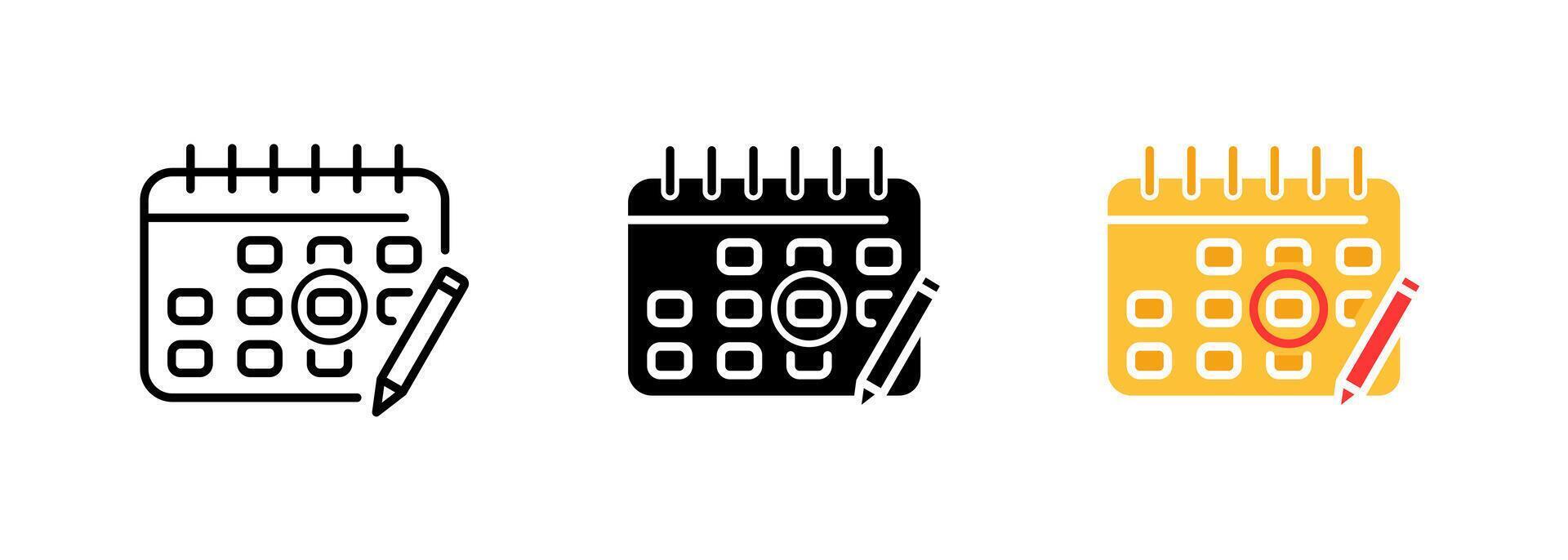 Calendar with a pencil icon, which may represent scheduling, planning, or the act of writing down important dates or events. set of icons in line, black and colorful styles isolated. vector