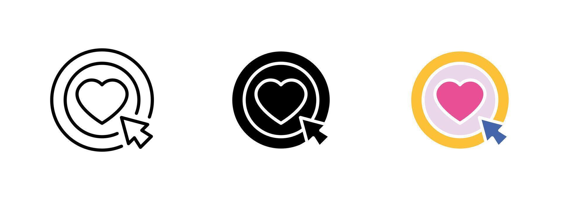 A red heart-shaped target with crosshairs centered on it, representing the focus and precision required when aiming for the heart. set of icons in line, black and colorful styles isolated. vector