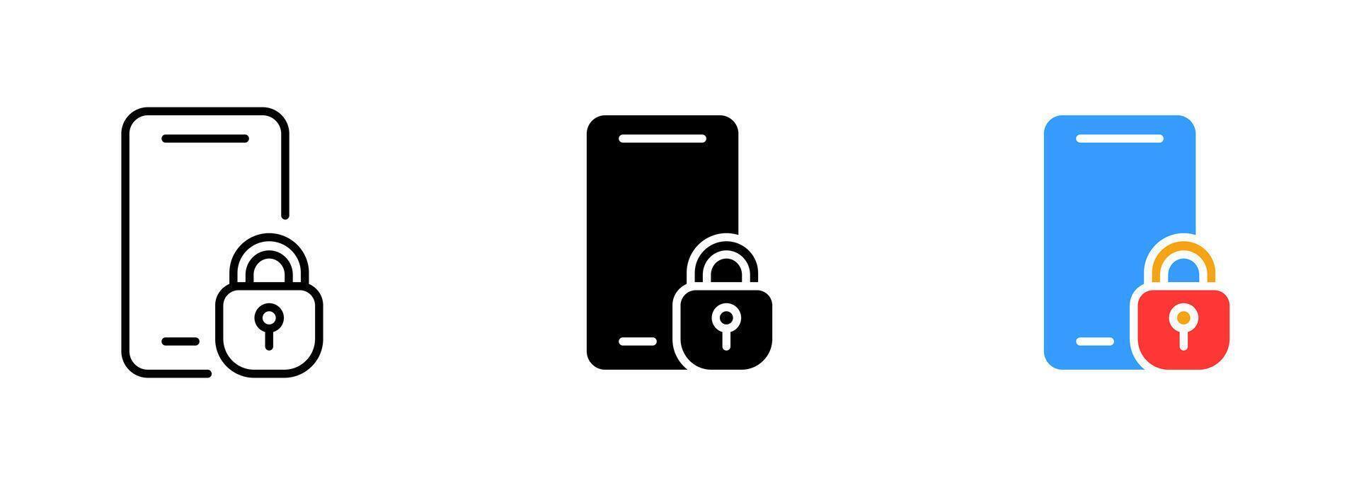 A smartphone with a touch screen and a lock icon, indicating that the device is locked and requires a password. set of icons in line, black and colorful styles isolated. vector