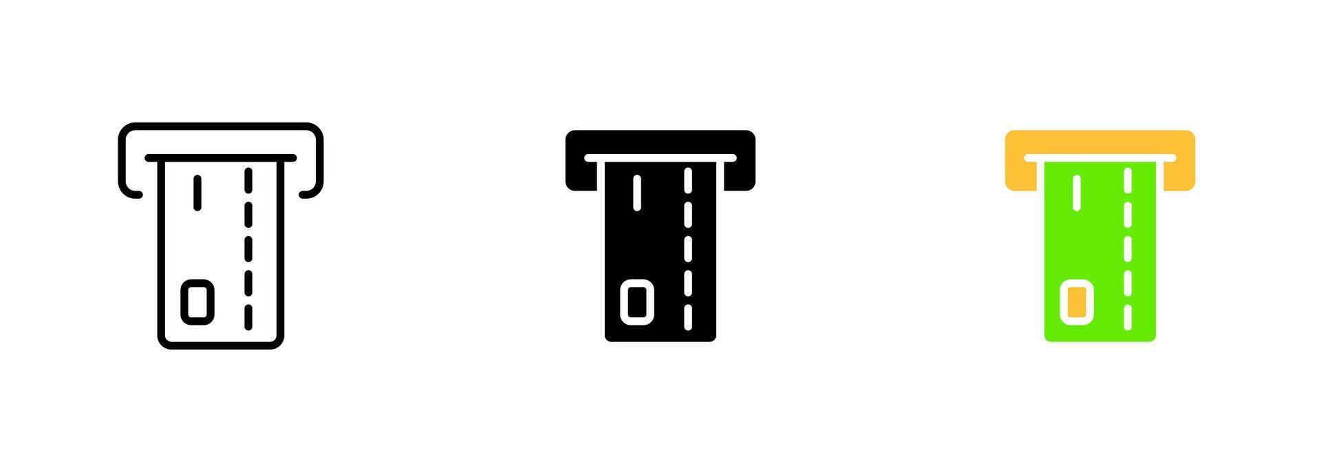 An ATM machine dispensing US dollars, with a user inserting a bank card and entering a PIN number. set of icons in line, black and colorful styles isolated. vector
