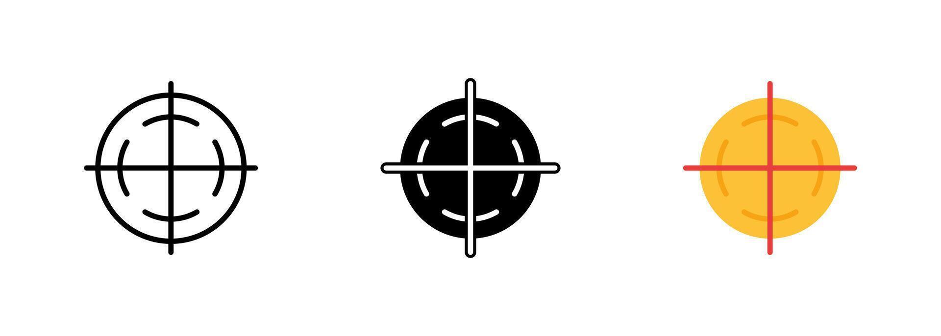 An icon of a crosshair or targeting reticle used to aim at a target in shooting or hunting games, or for indicating a specific point. set of icons in line, black and colorful styles isolated. vector