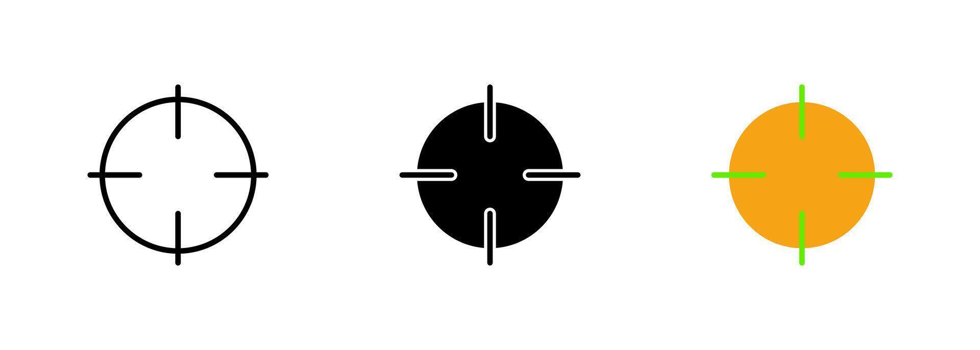 An icon of a crosshair or targeting reticle used to aim at a target in shooting or hunting games. set of icons in line, black and colorful styles isolated. vector