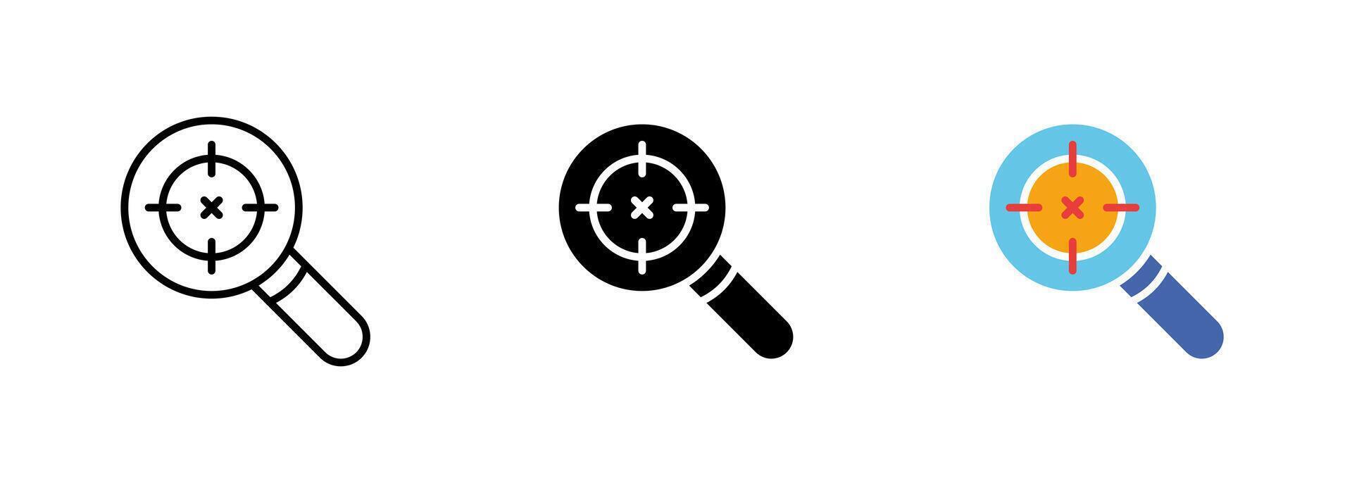 A magnifying glass with a crosshair icon displayed inside the lens, representing the idea of targeting or focusing. set of icons in line, black and colorful styles isolated. vector