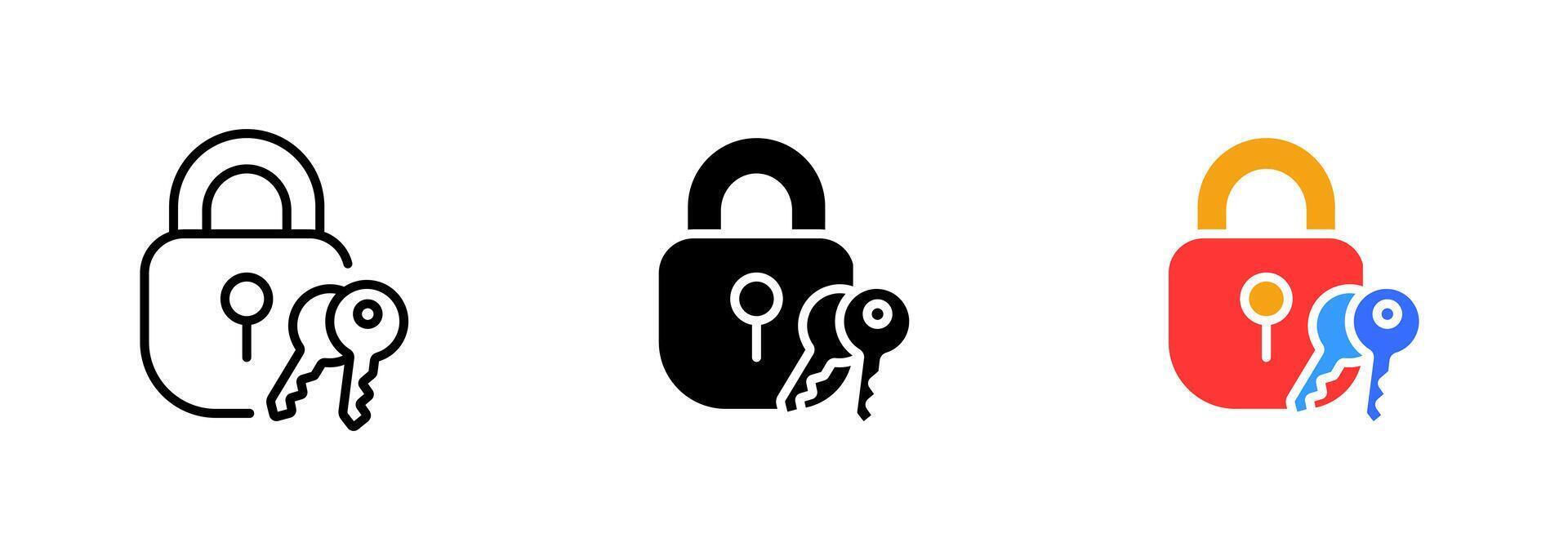 A lock icon with two keys, often used to represent security, privacy, and access control. set of icons in line, black and colorful styles isolated. vector